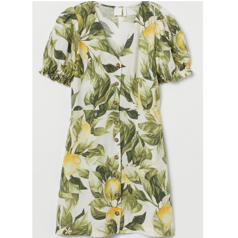 H&M Linen Lemon Puff Sleeve Dress size XS Linen Viscose Blend